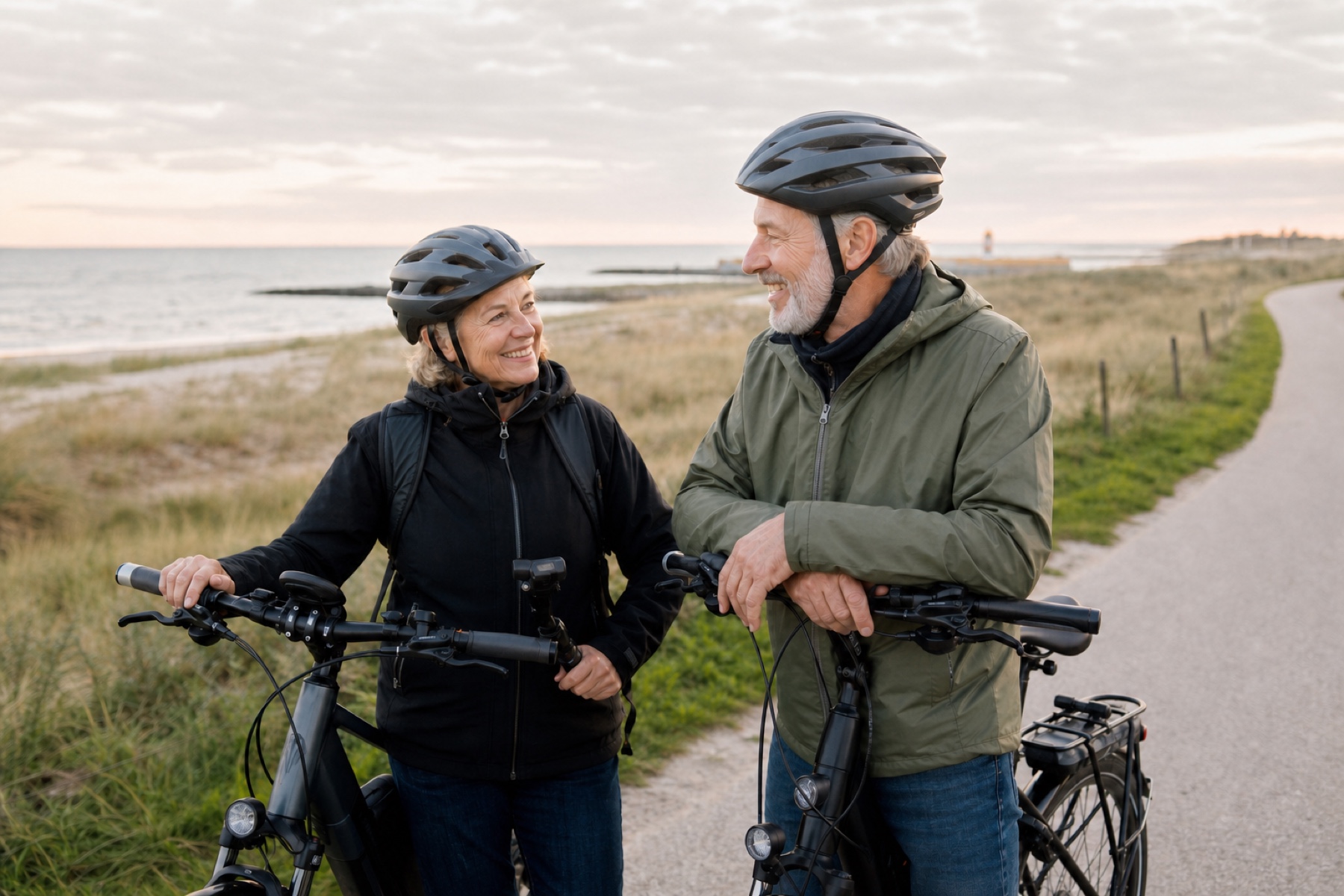 Älteres Paar bei einer Fahrradpause an der Küste bei Travemünde