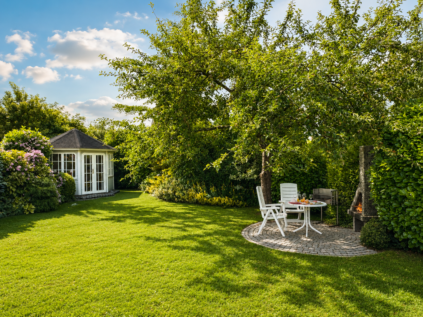 Kleine Terrasse mit Grillplatz und Gartenpavillon beim Studio