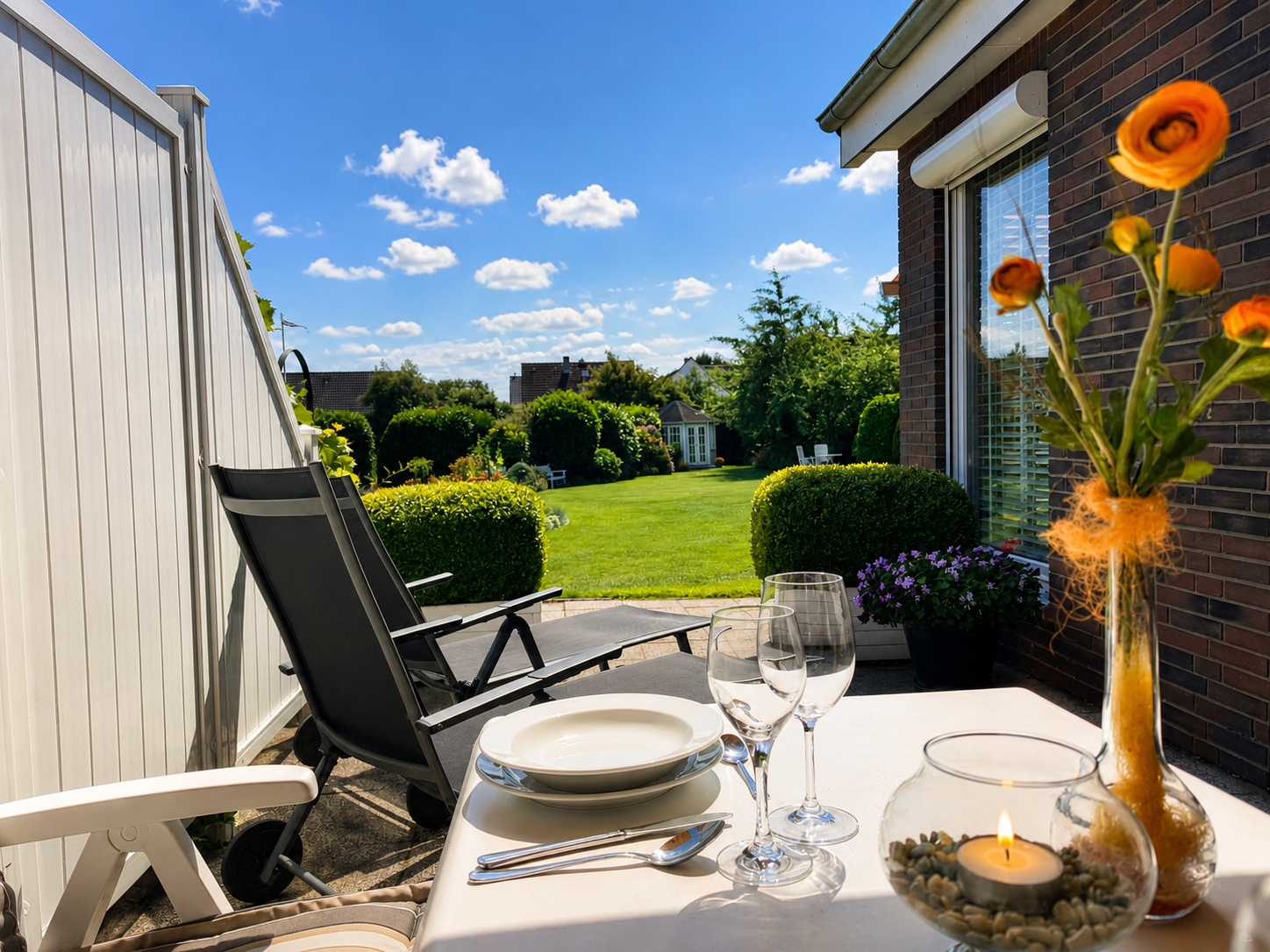Sonnige Terrasse des Gartenapartments mit Blick in den Garten