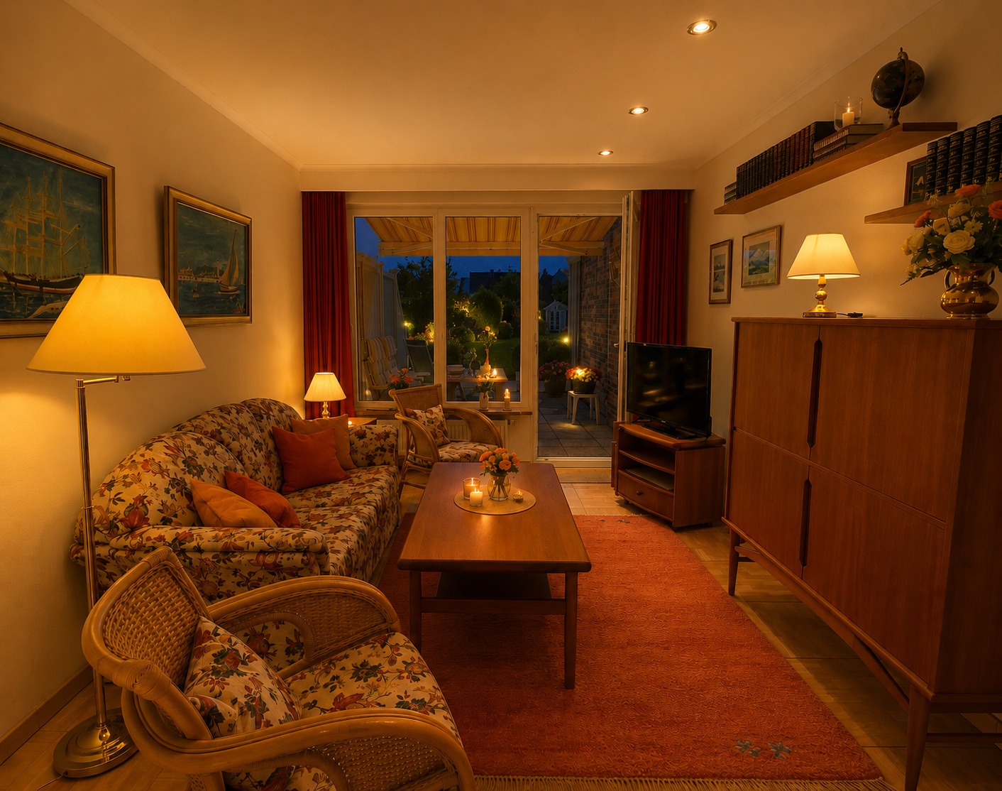 Behaglich beleuchtetes Wohnzimmer im Gartenapartment am Abend